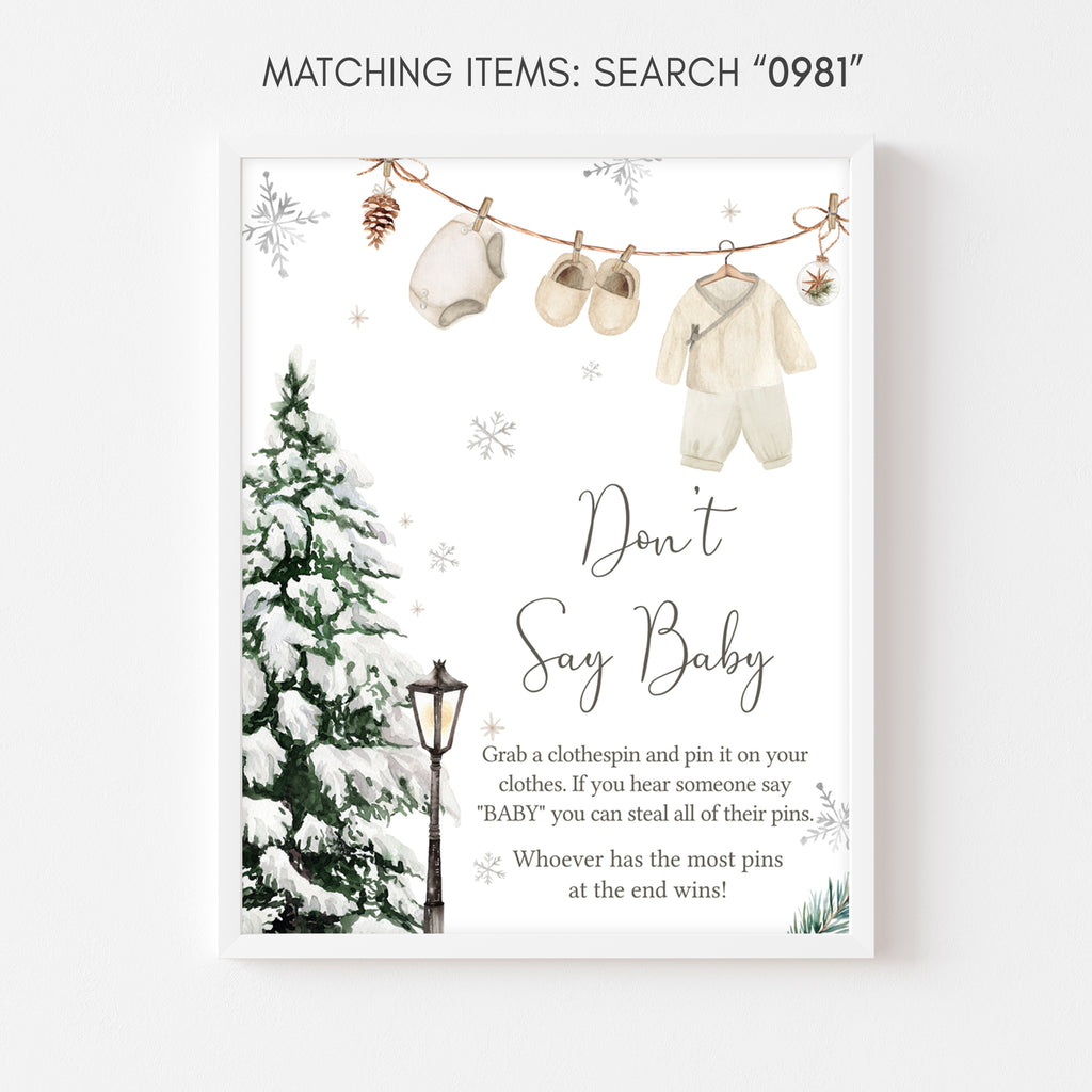 Christmas baby shower "Don't Say Baby" game sign, gender neutral holiday theme with snowy pine and winter design