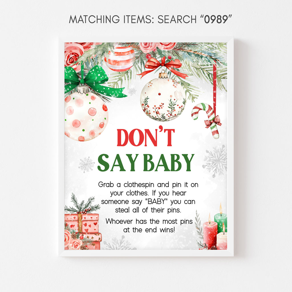 Christmas baby shower "Don’t Say Baby" game sign with red and green holiday decorations