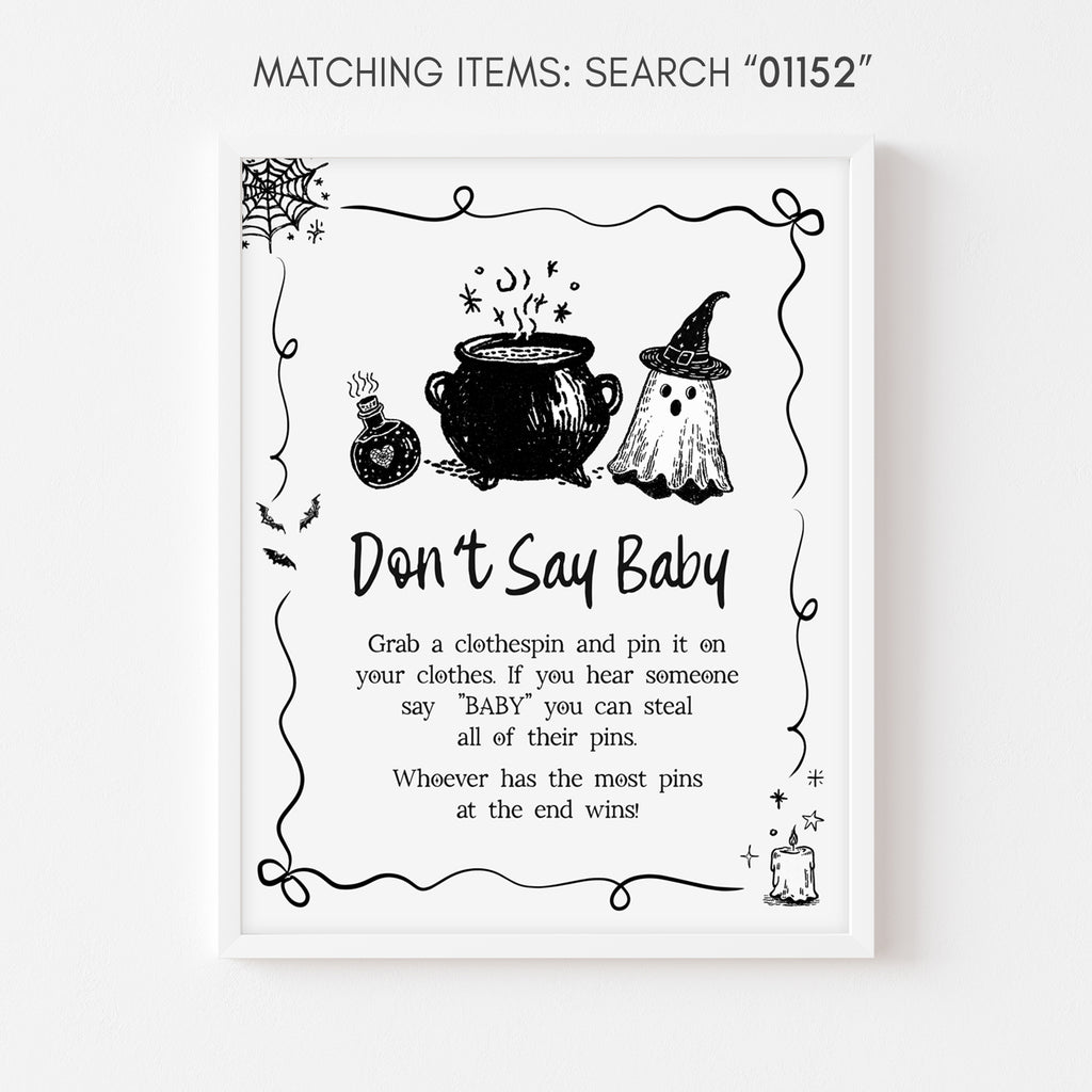 Don’t say baby sign, spooky Halloween baby shower game, cauldron and ghost theme