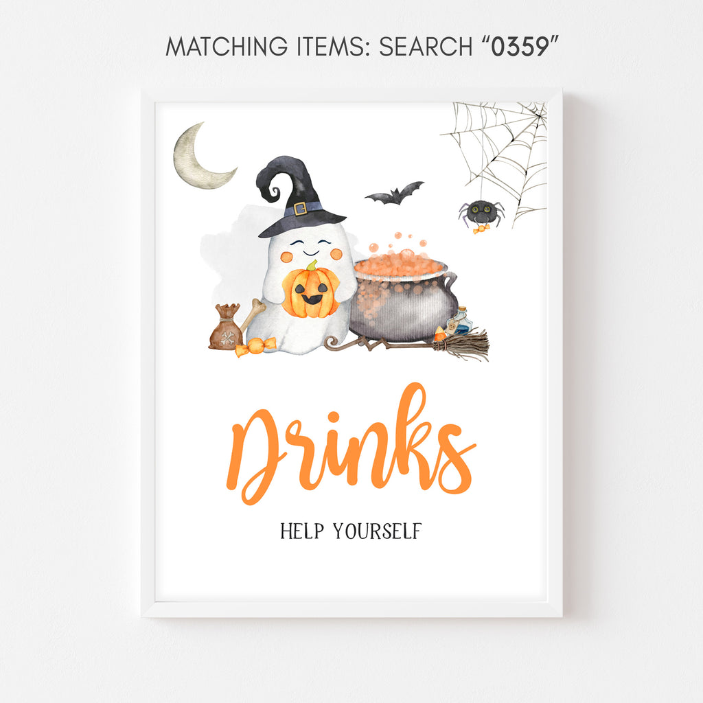 Halloween baby shower drinks sign with ghost and pumpkin design, perfect for spooky fall gatherings