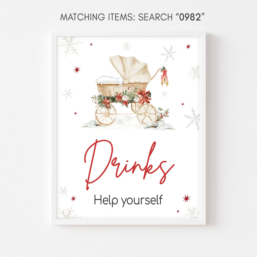 Christmas baby shower drinks sign, festive holiday winter party gender neutral printable
