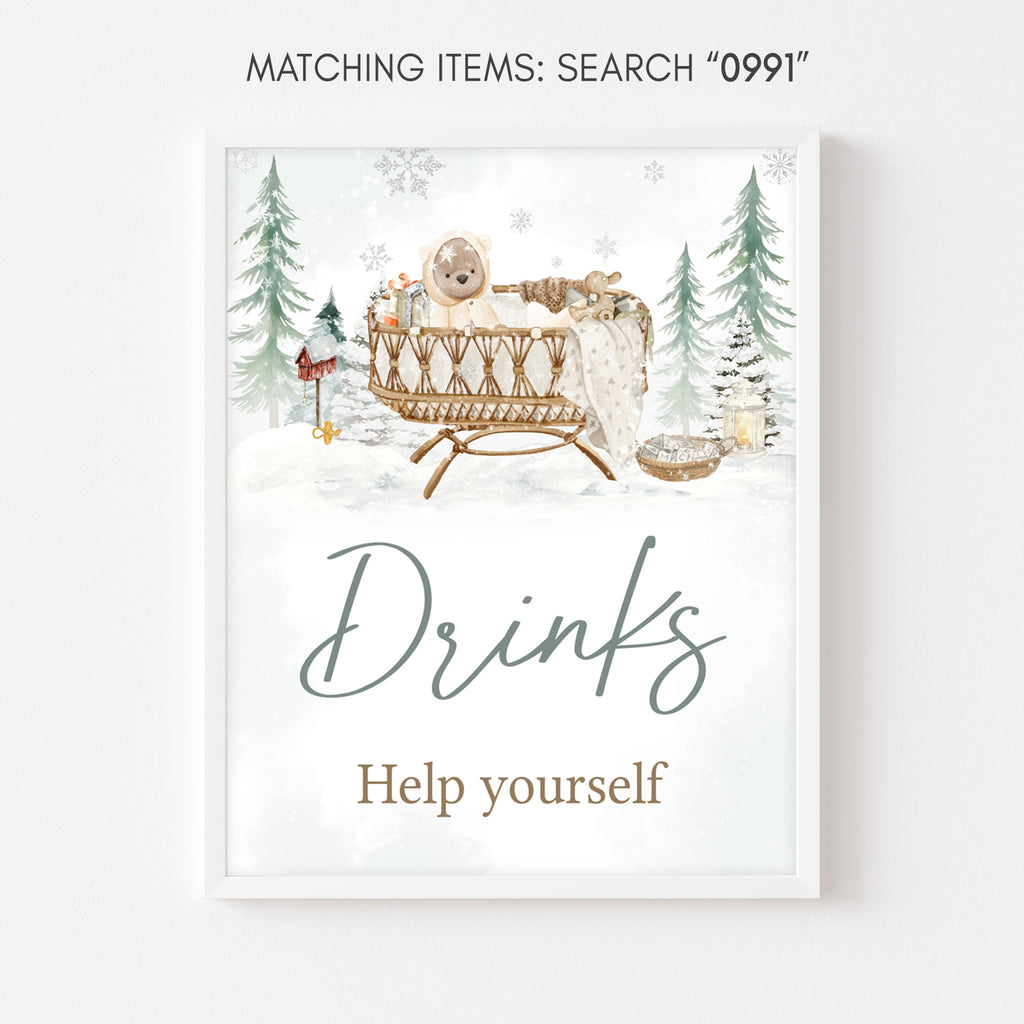 Winter baby shower drinks sign, rustic woodland snowflake design, gender neutral party decor