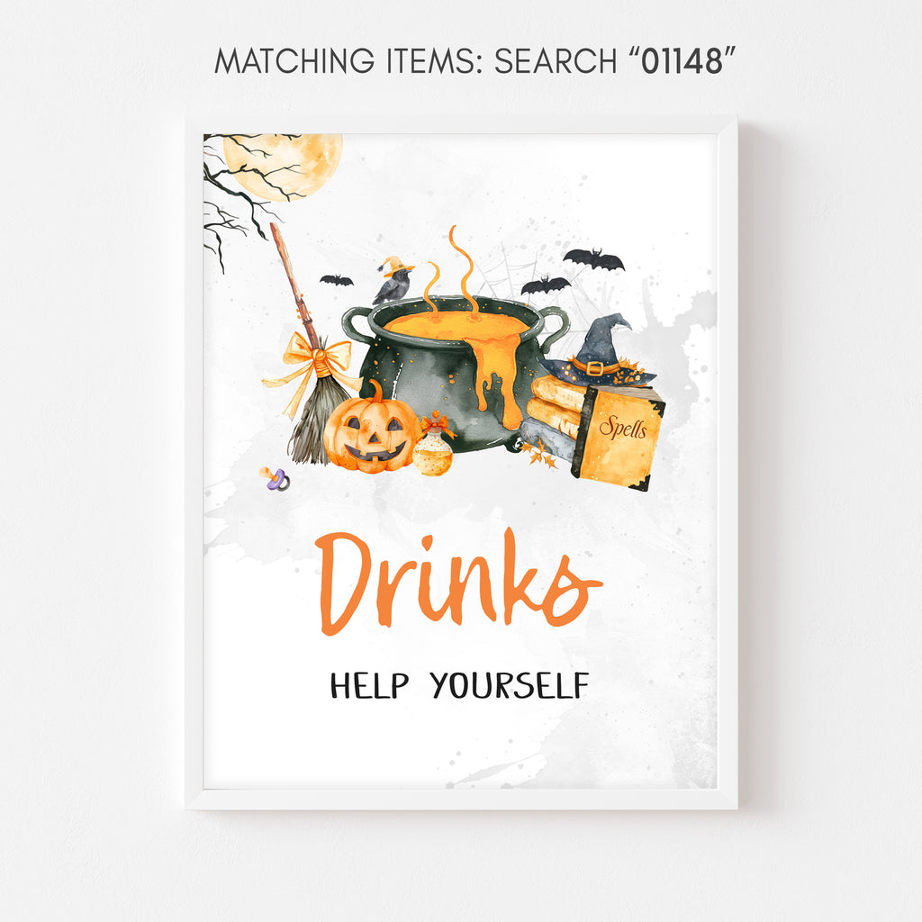 Drinks sign, spooky Halloween baby shower with pumpkin and witch cauldron decoration