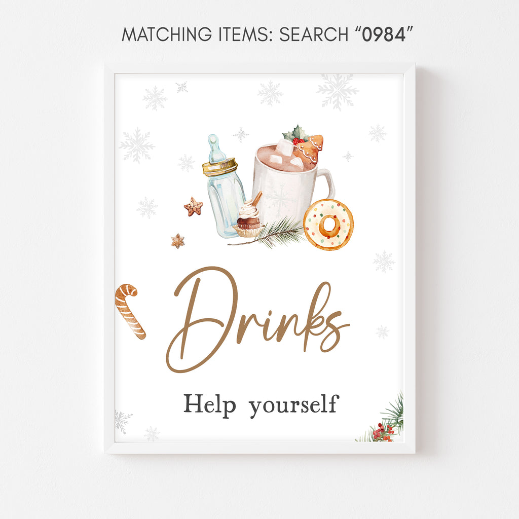 Rustic winter baby shower drinks sign with snowflakes and hot chocolate neutral design