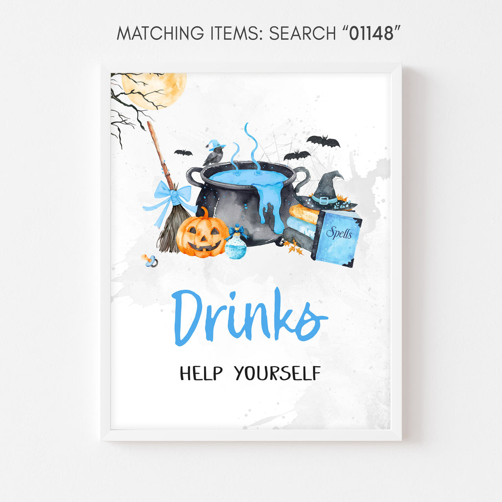 Drinks sign for boy, blue Halloween baby shower pumpkin and witch cauldron drink station decor
