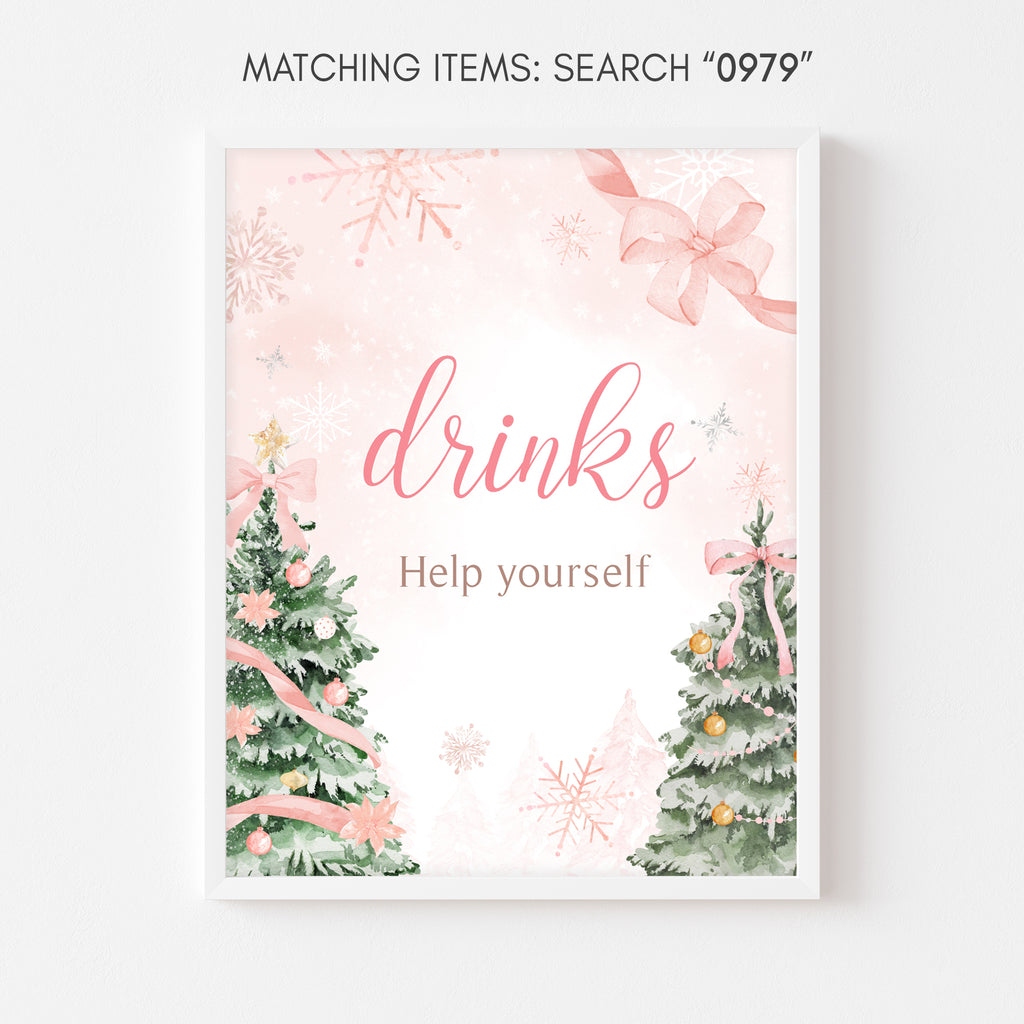 Pink winter baby shower drinks sign, Christmas holiday snowflake girl party decoration