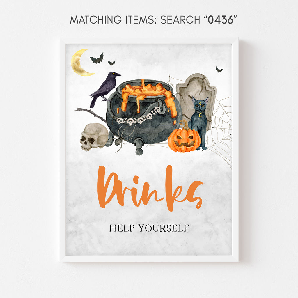 Halloween baby shower drinks sign with pumpkin and black cat design