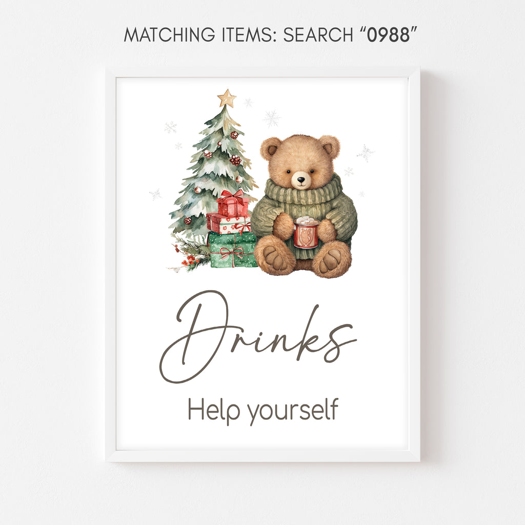 Christmas teddy bear drinks sign for holiday baby shower party table decorations