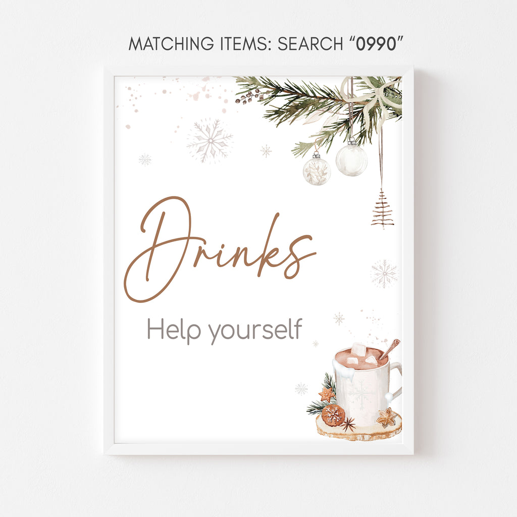 Christmas baby shower drinks sign with rustic greenery and festive holiday style
