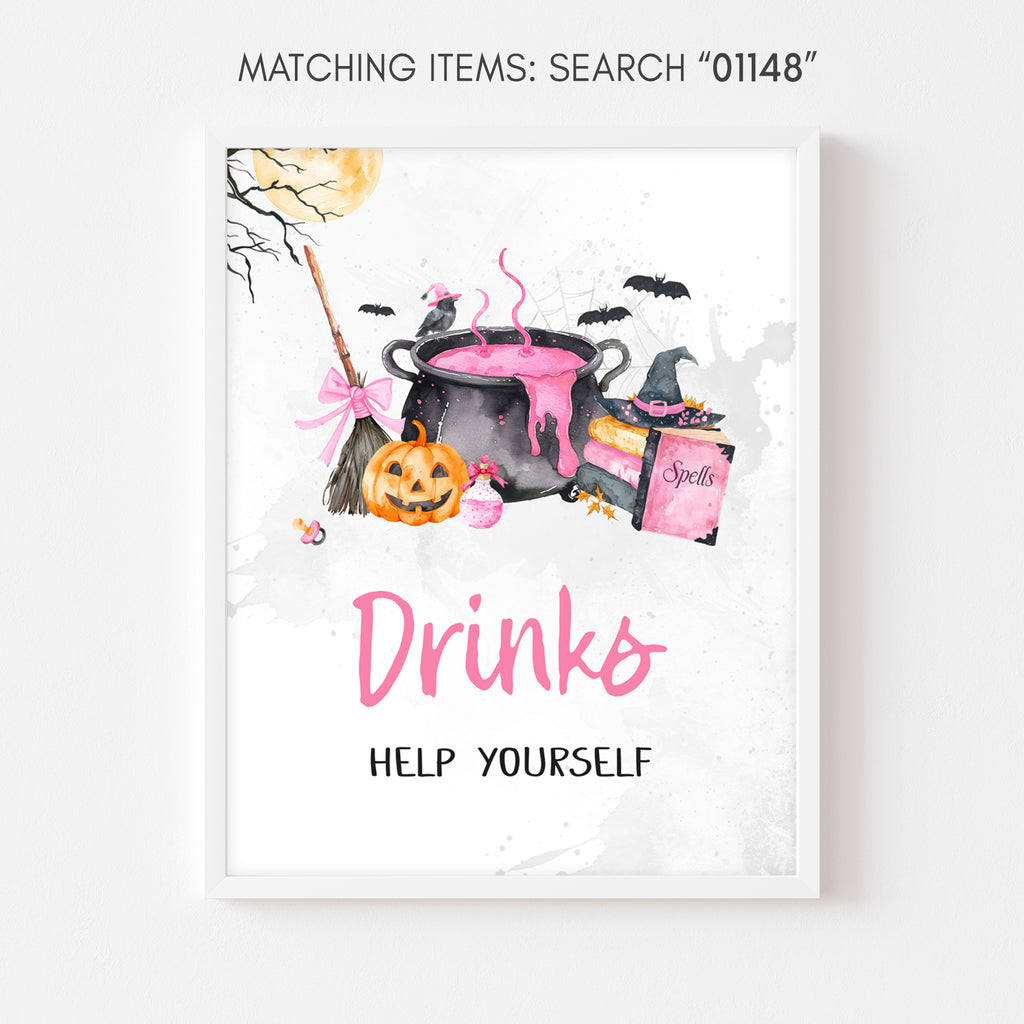 Drinks sign for girl, pink Halloween baby shower pumpkin and witch cauldron drink station decor
