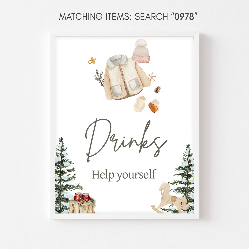 Winter baby shower drinks sign, woodland rustic printable