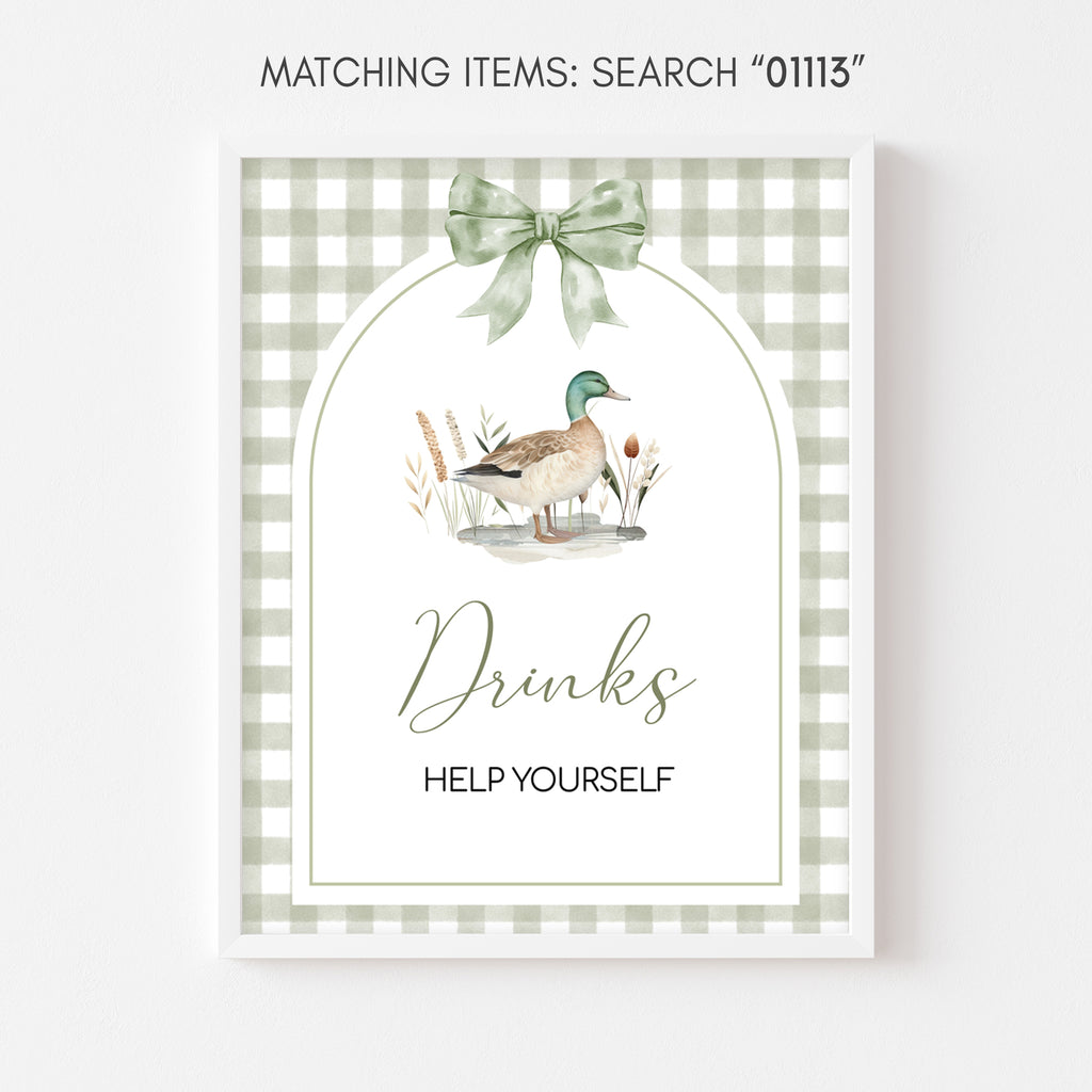 Sage green duck baby shower drinks sign, woodland gingham theme printable