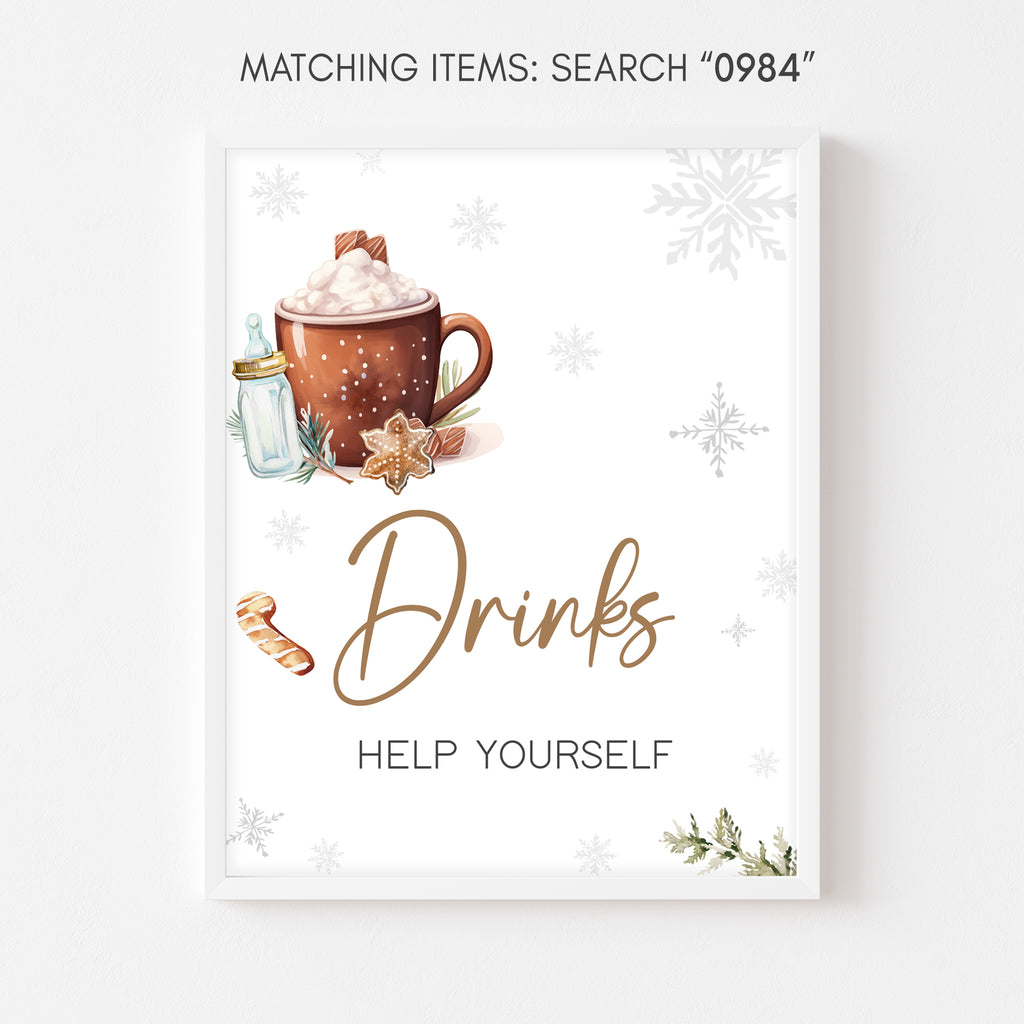 Winter baby shower drinks sign with cozy hot cocoa and snowflakes, neutral rustic printable party decor