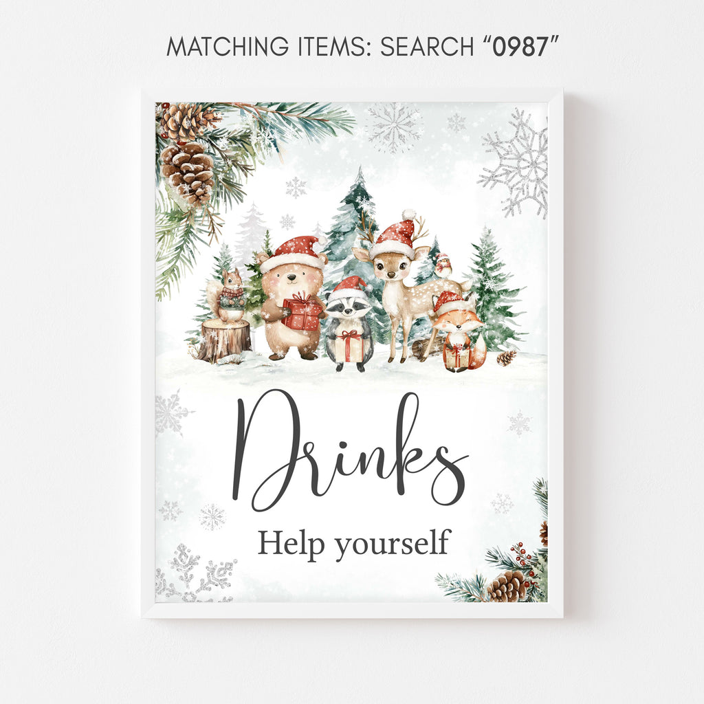Woodland Christmas baby shower drinks sign with rustic forest animals and snowflakes, neutral gender winter baby shower beverage station sign, woodland holiday design