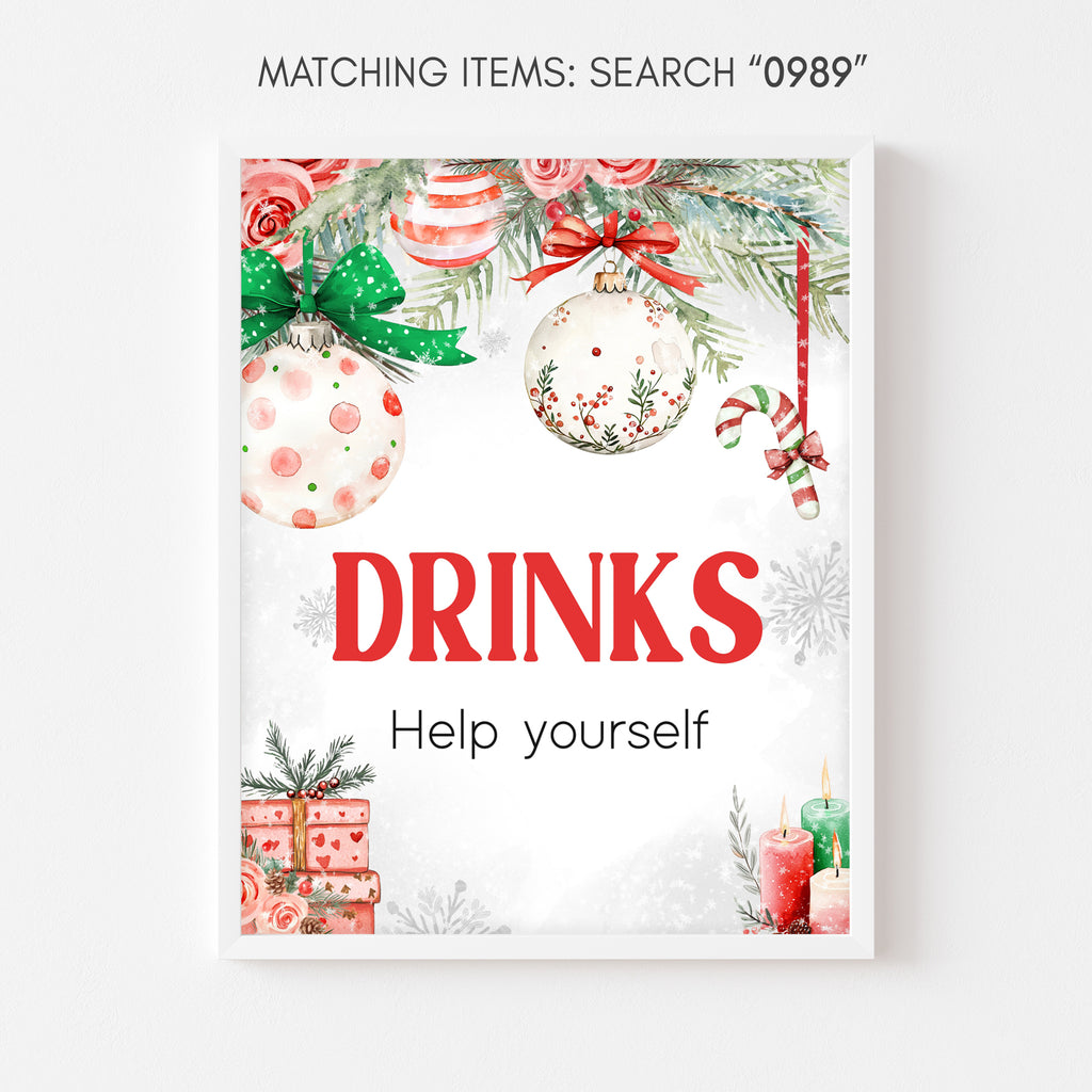 Holiday baby shower drinks sign with festive Christmas design, printable party table decor