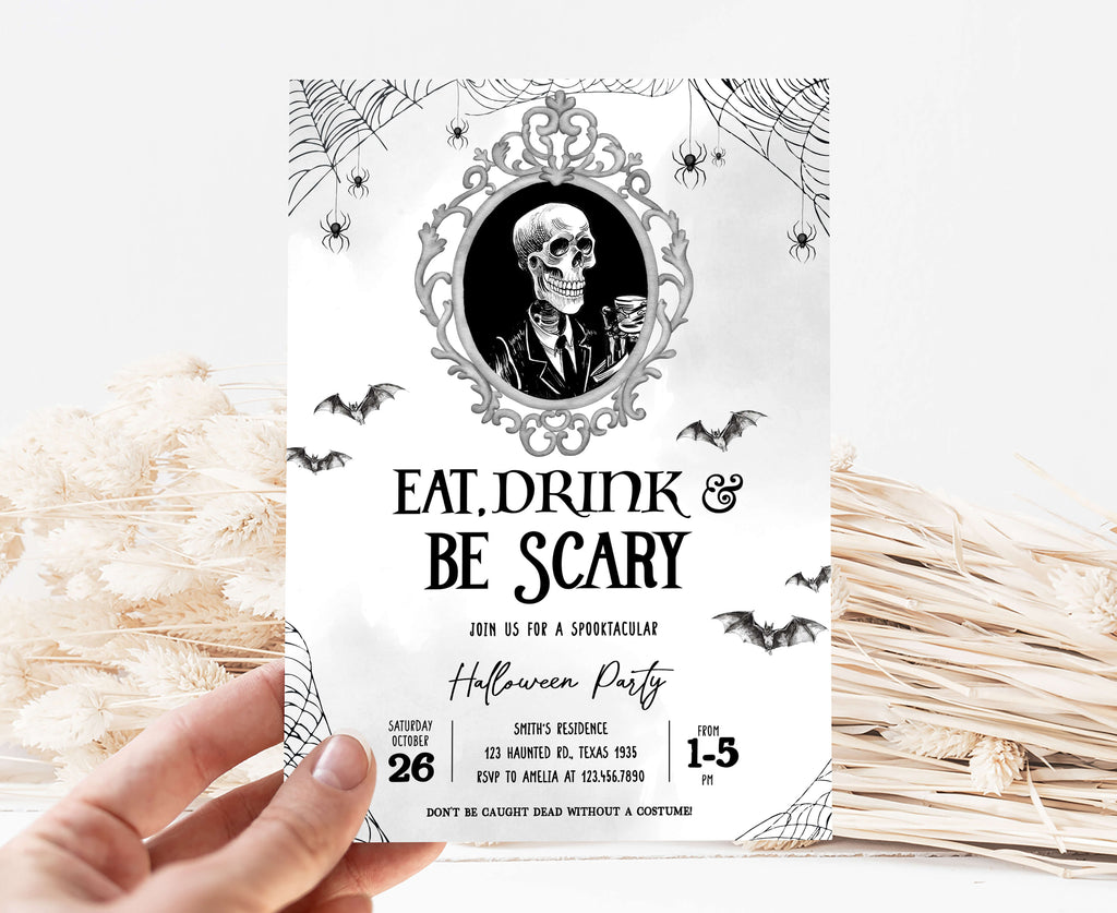 Formal black and white Halloween invitation with skeleton portrait