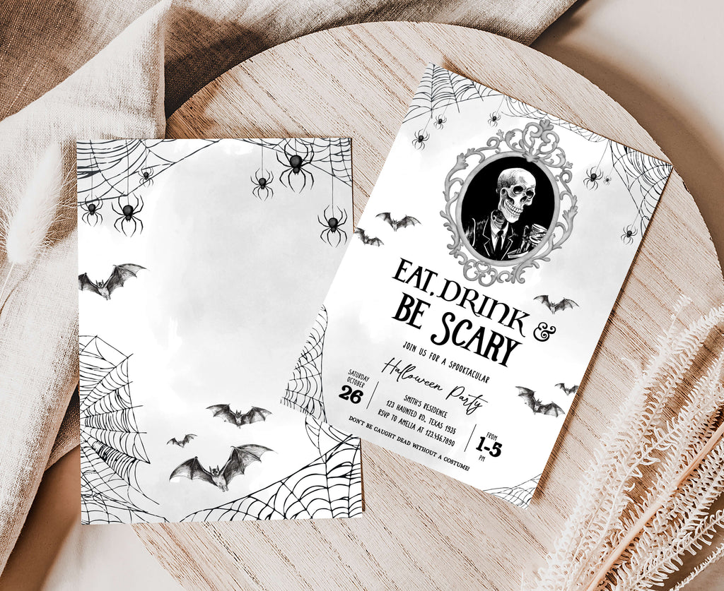 Elegant Victorian-style Halloween party card with bats and spiderwebs