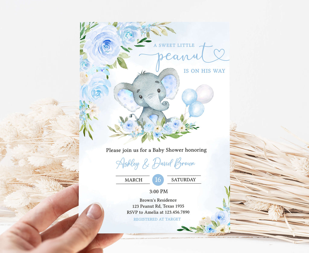 Blue Floral Elephant Baby Shower Invitation