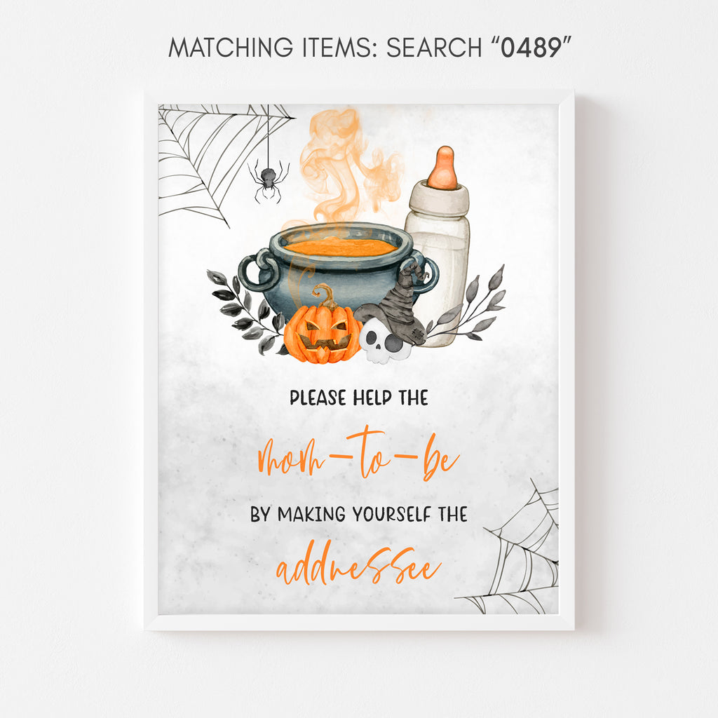 Halloween baby shower Envelope Station sign with pumpkin and cauldron, gender neutral fall party decor