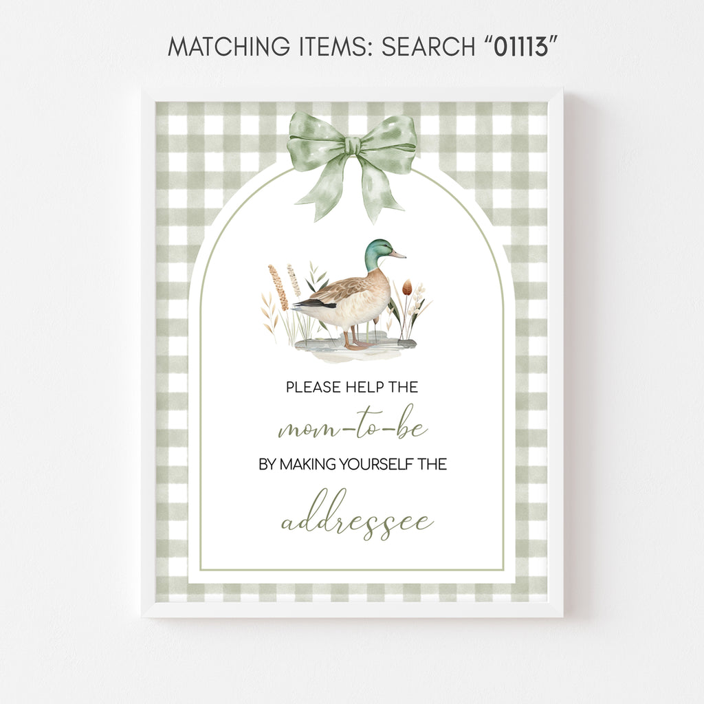 Rustic duck baby shower envelope station sign with sage green gingham background