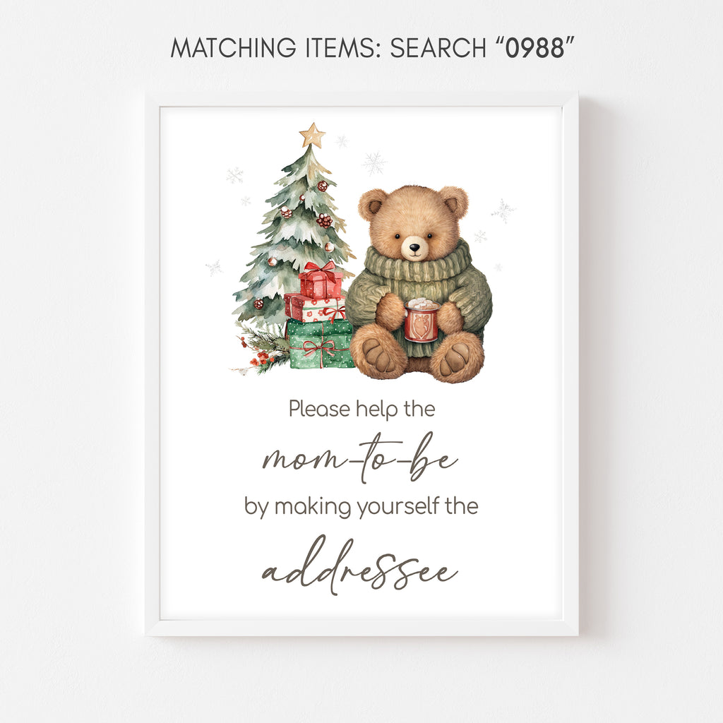 Holiday baby shower envelope station sign with teddy bear Christmas theme design