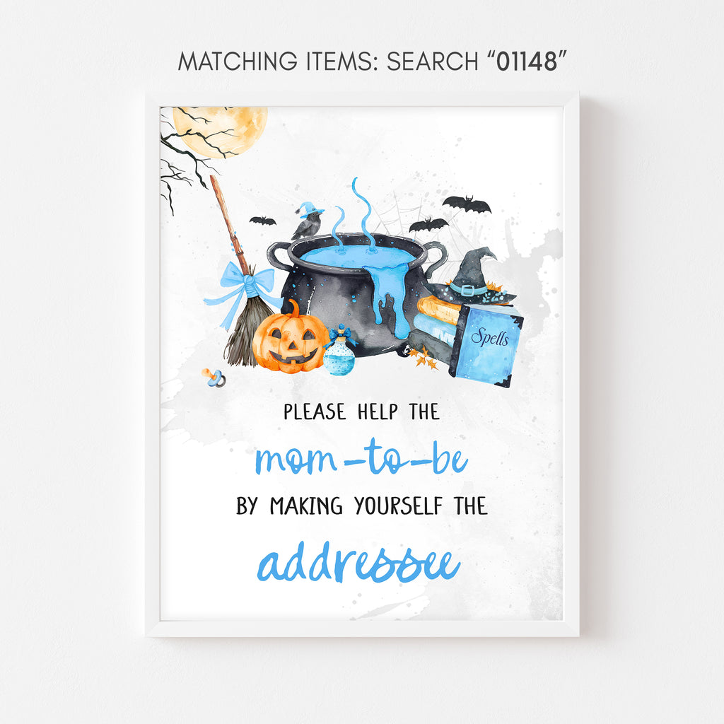 Envelope station sign, blue Halloween baby shower pumpkin and cauldron table decoration