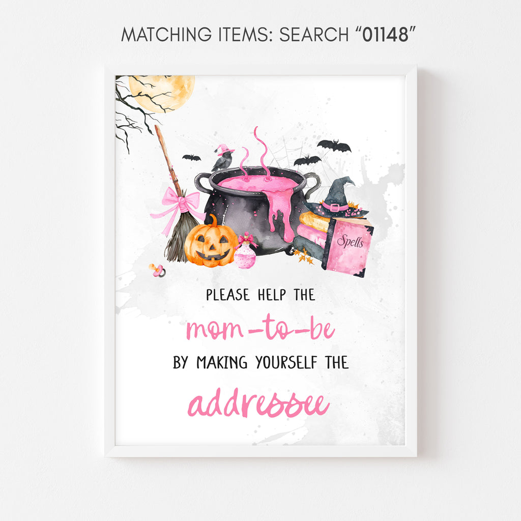 Envelope station sign, pink Halloween baby shower pumpkin and cauldron table decoration