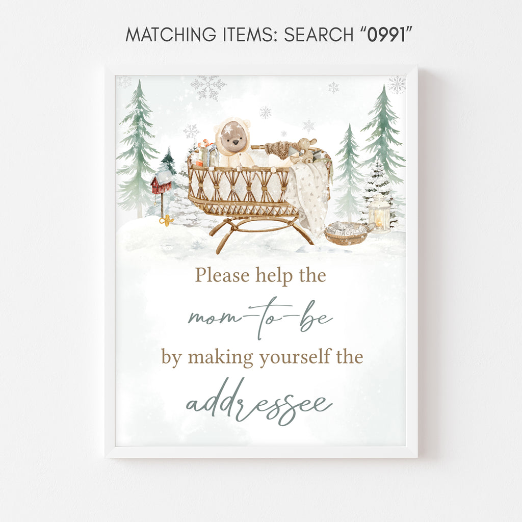 Rustic woodland winter baby shower envelope station sign, neutral printable template