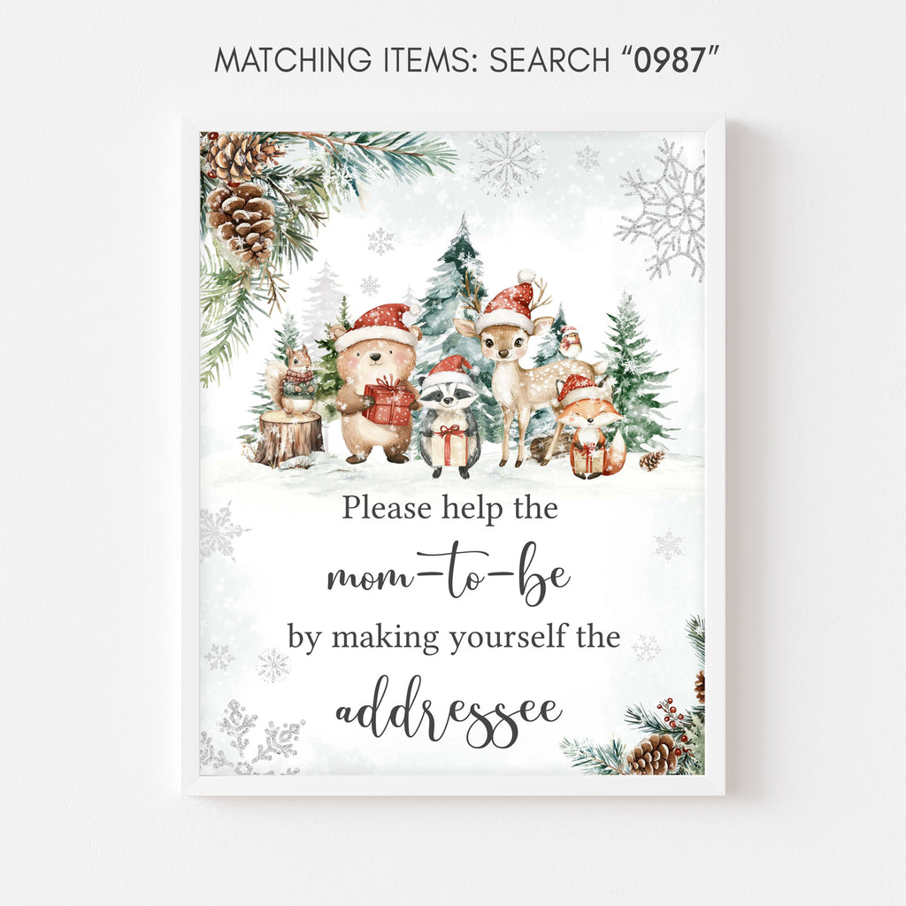 Woodland Christmas baby shower envelope station sign, rustic winter forest animals, neutral gender holiday baby shower address envelope sign, woodland Christmas décor