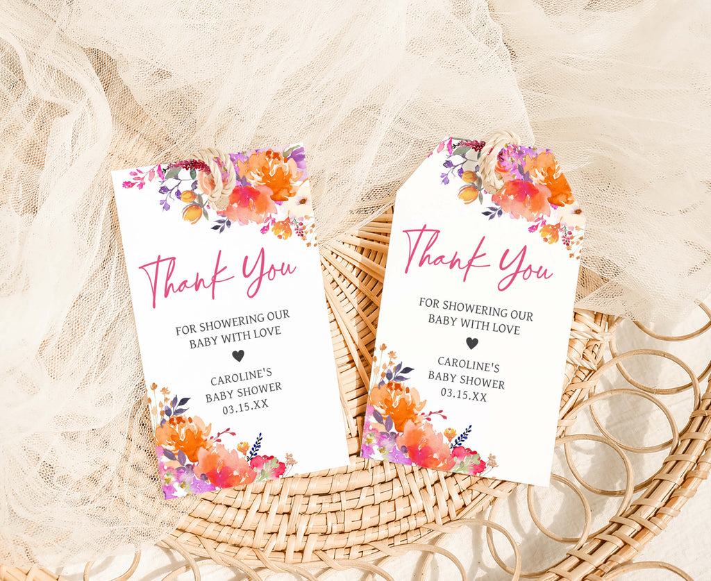 Floral spring baby girl favor tags for baby shower, matching bloom theme printable