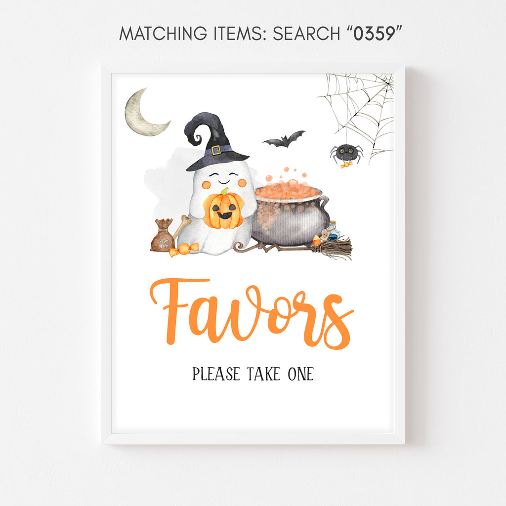 Halloween baby shower favors sign with ghost and pumpkin design, gender neutral printable