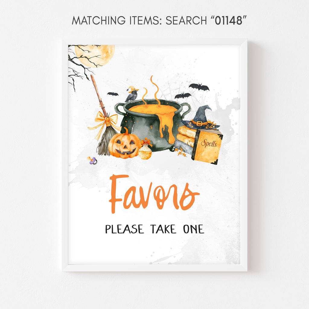 Favors sign, Halloween baby shower with pumpkin and witch cauldron design
