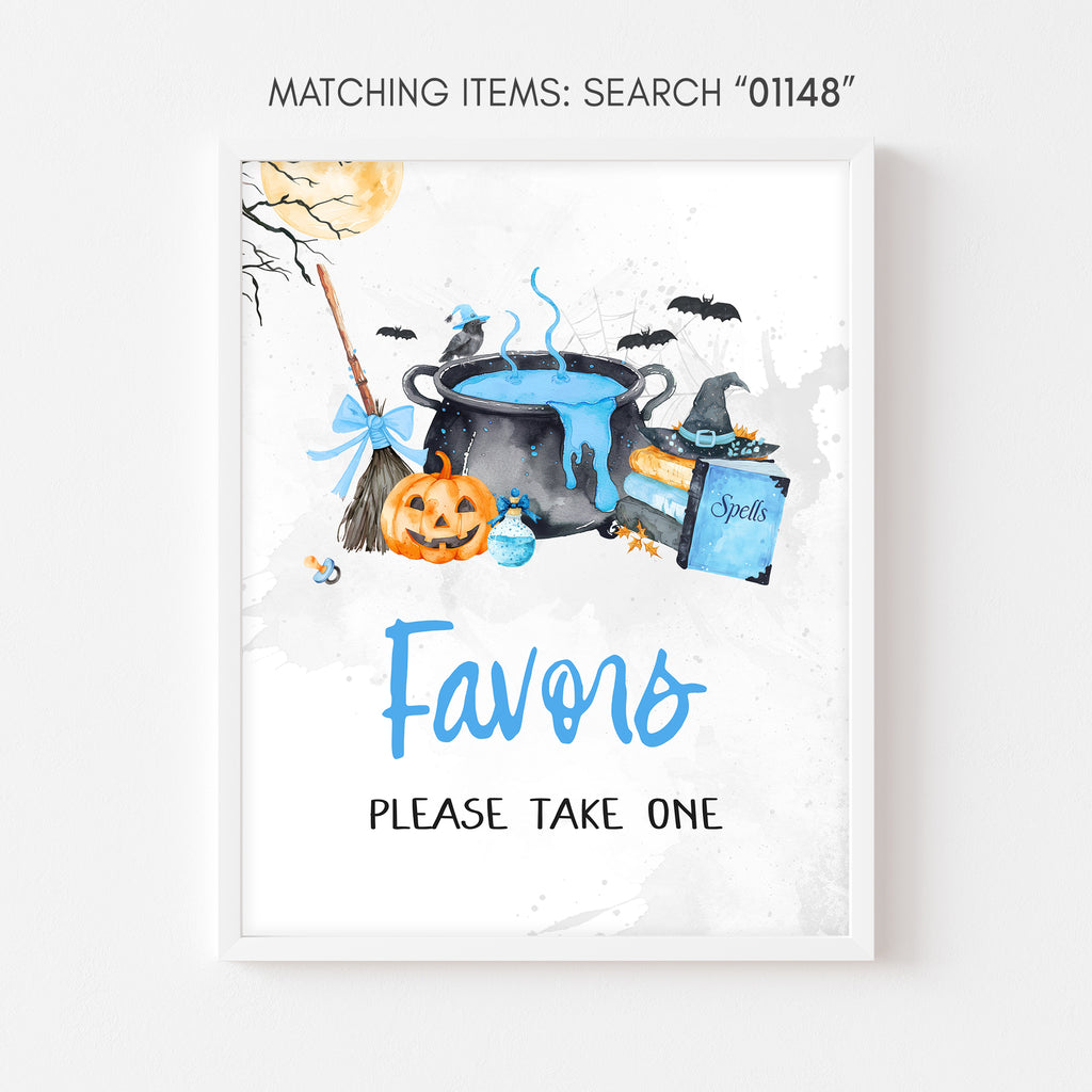 Favors sign, blue Halloween baby shower with pumpkin and witch cauldron design for boy