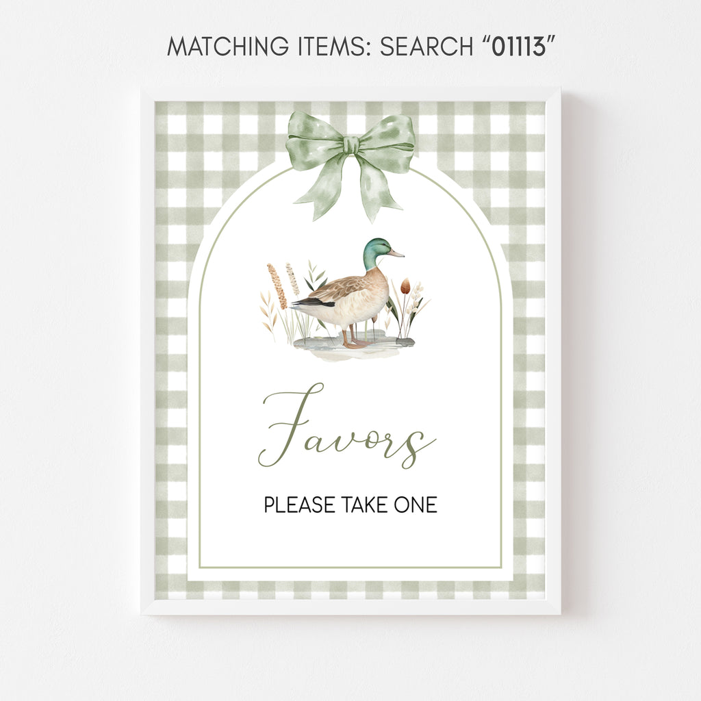 Gender neutral duck baby shower favors sign in sage green gingham design