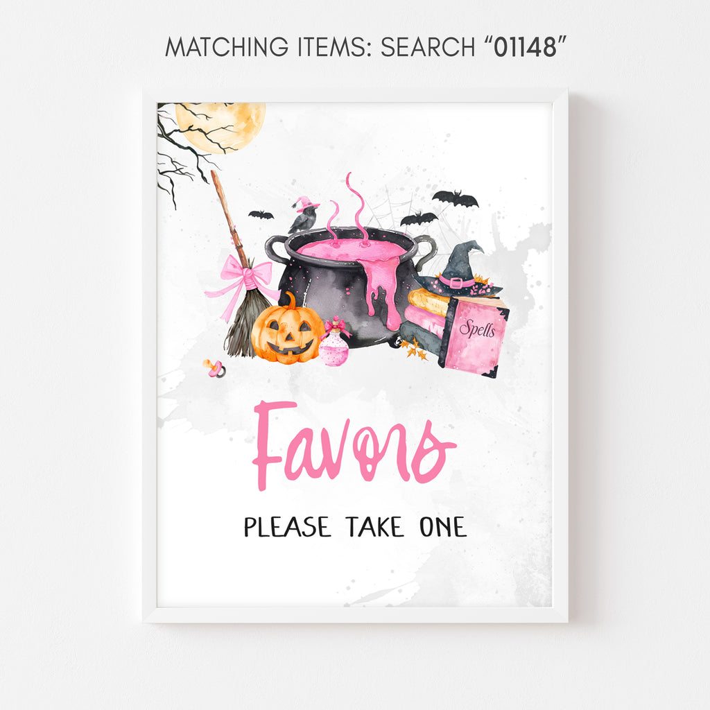 Favors sign, pink Halloween baby shower with pumpkin and witch cauldron design for girl