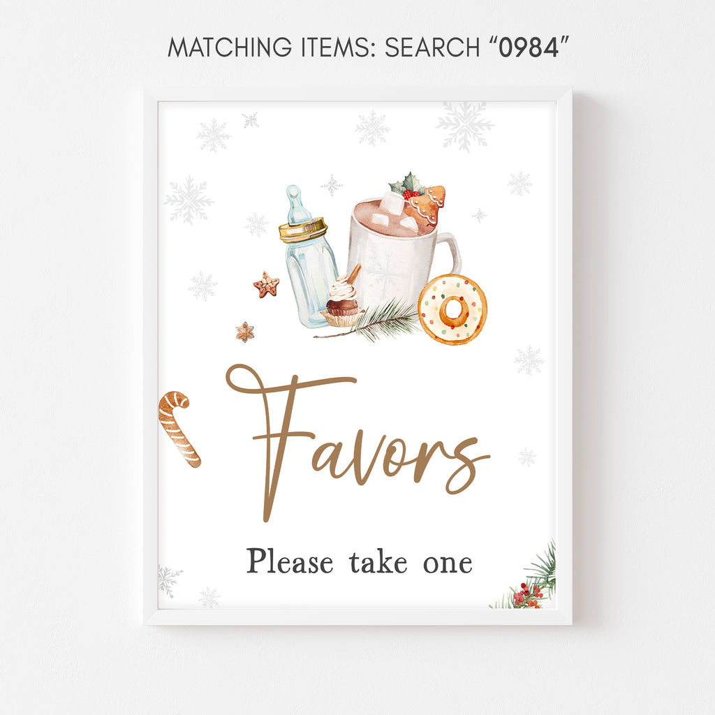 Snowflake winter baby shower favors sign, rustic hot cocoa theme, gender neutral design