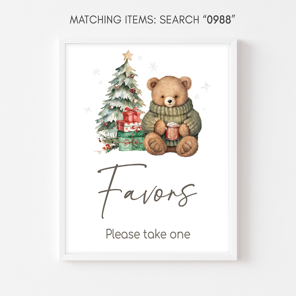 Christmas teddy bear baby shower favors sign, festive printable holiday party decor