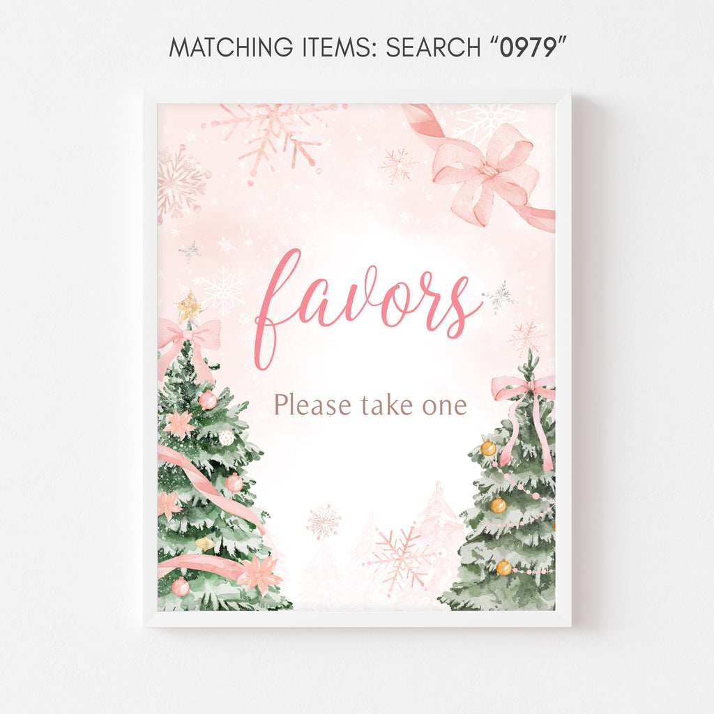 Pink Christmas baby shower favors sign, festive winter wonderland printable with bows