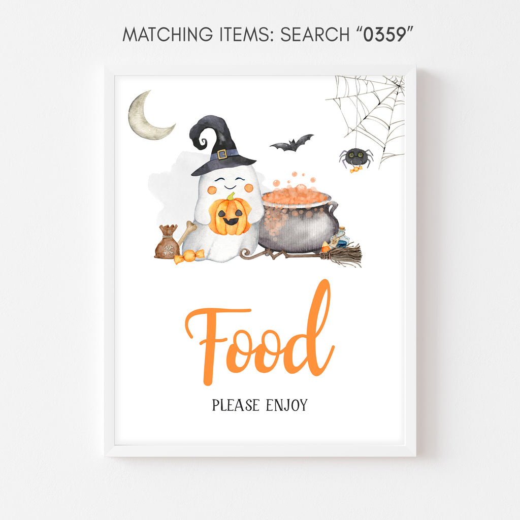 Halloween baby shower food sign with ghost and pumpkin theme, gender neutral party decoration