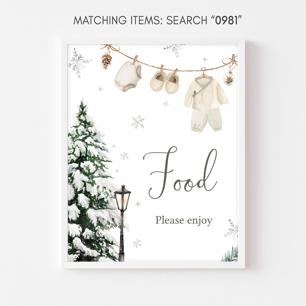 Rustic Christmas baby shower food sign, gender neutral holiday printable with snowy pine tree winter theme