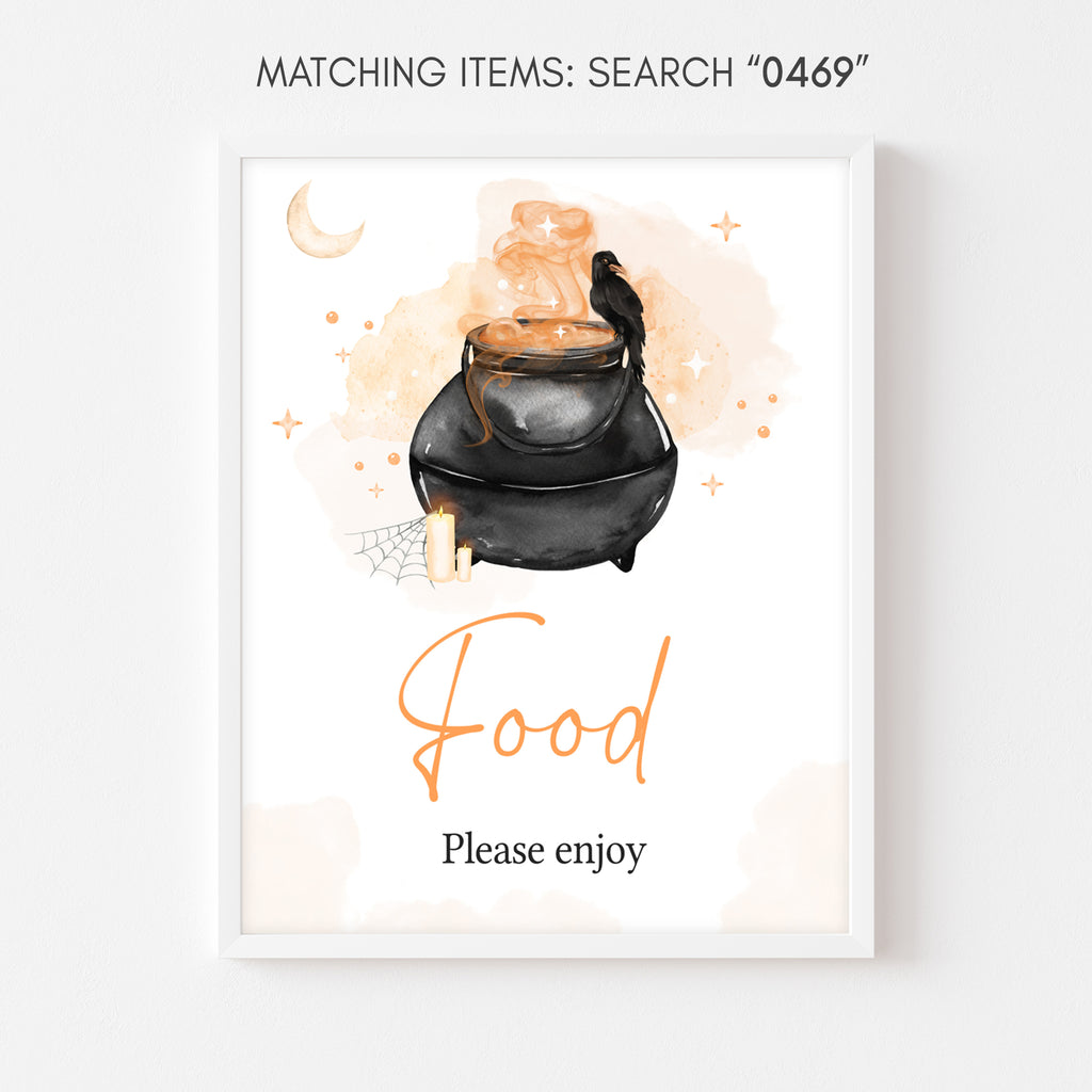 Halloween baby shower food sign – spooky witch cauldron and moon gender neutral fall design