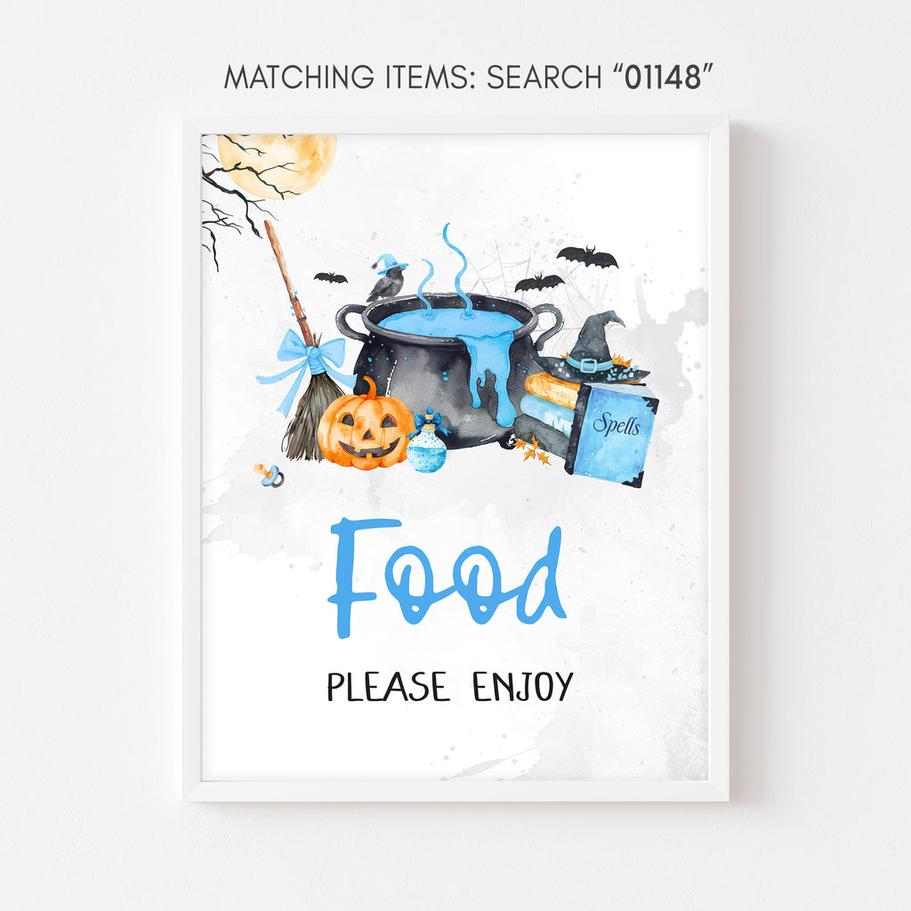 Food sign for boy, blue Halloween baby shower pumpkin and witch cauldron table decoration