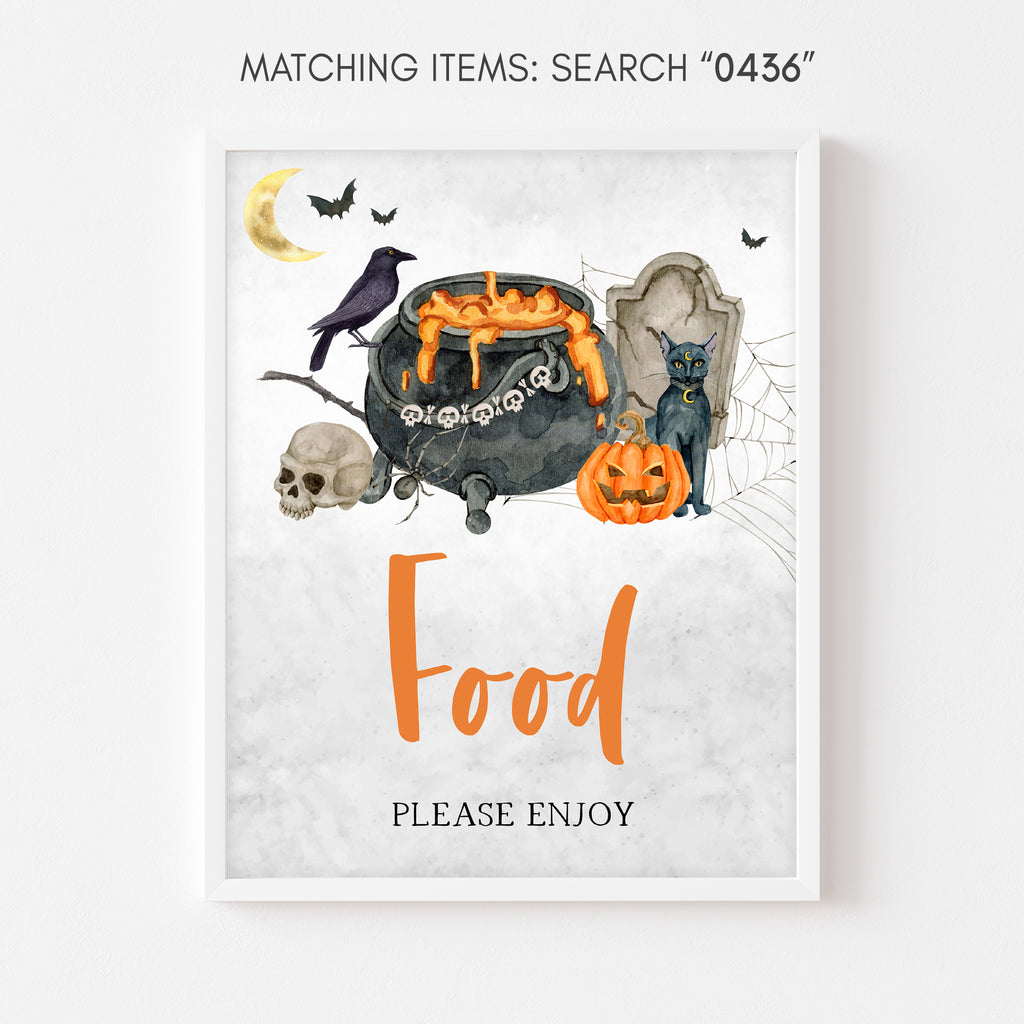 Spooky pumpkin baby shower food sign with cauldron illustration