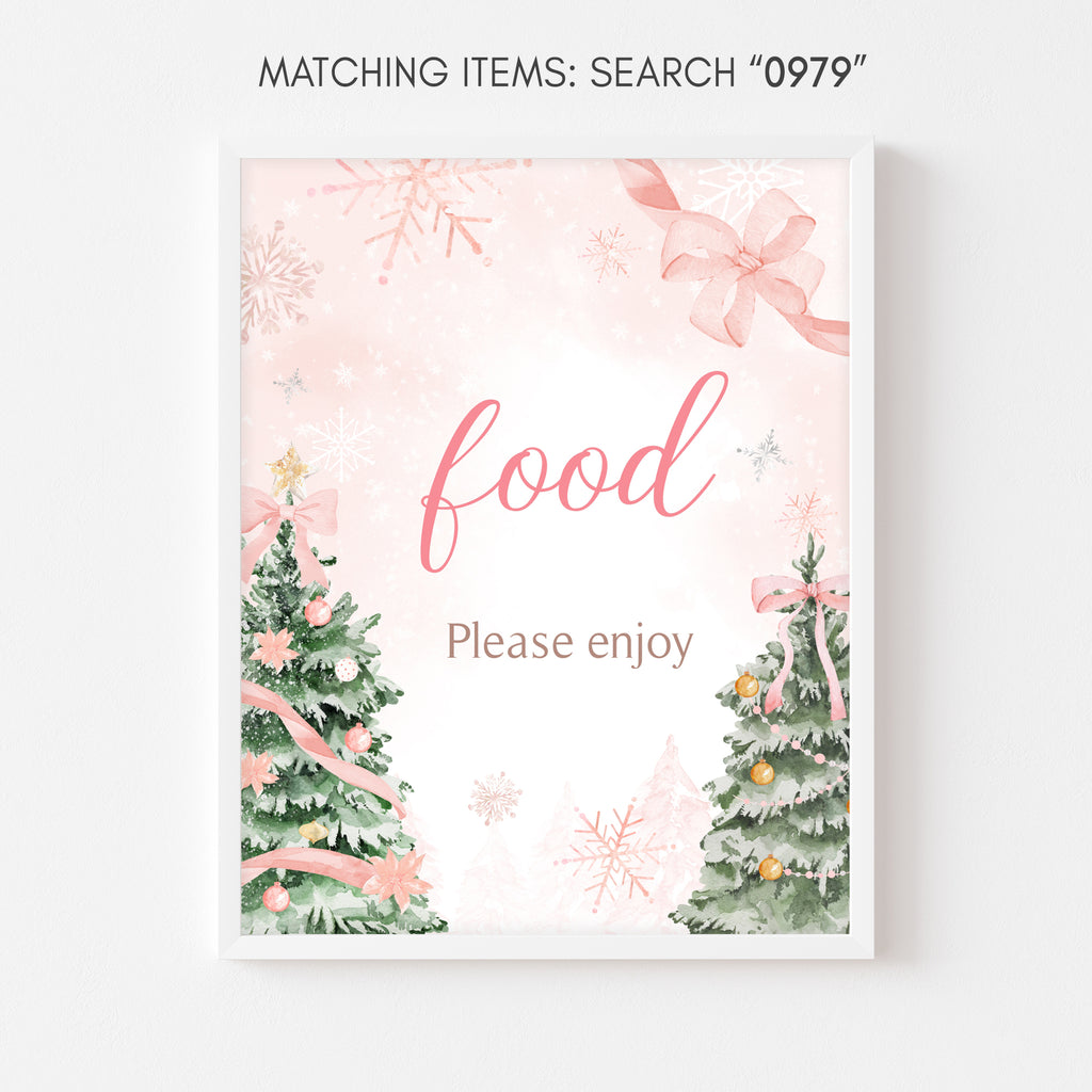 Winter wonderland pink baby shower food sign, Christmas snowflake girl party table decoration