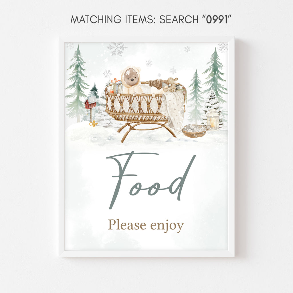 Gender neutral woodland winter baby shower food sign, rustic snowy printable party decor