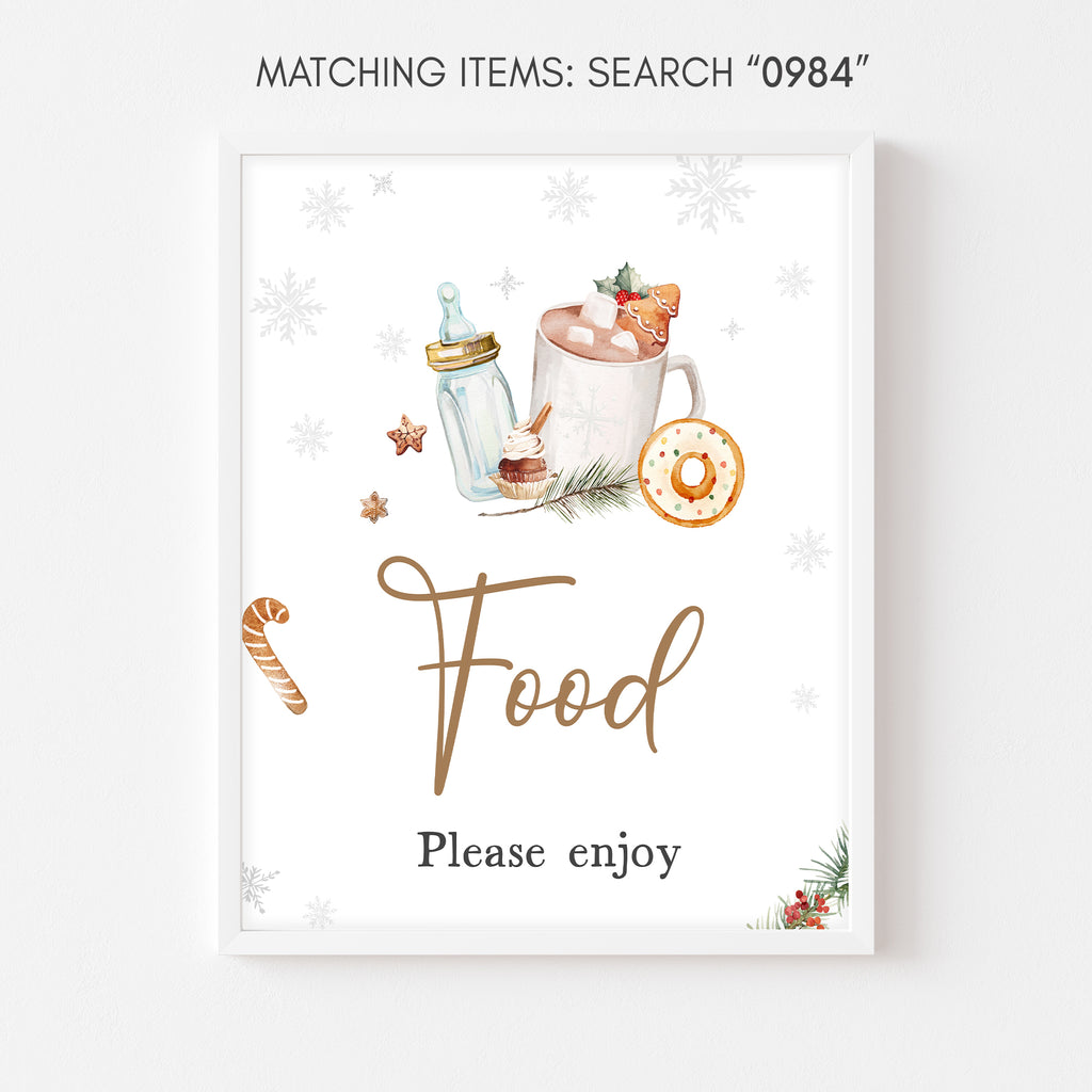 Winter baby shower food sign with rustic snowflakes and hot chocolate theme