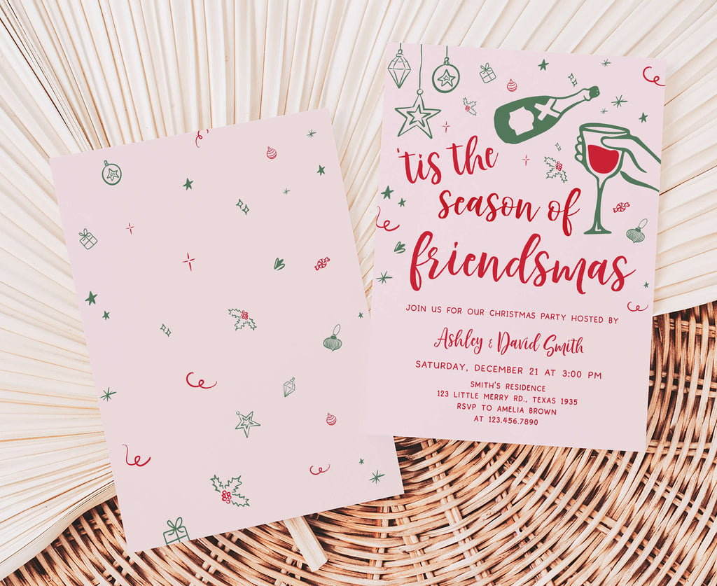 Festive holiday party invite featuring champagne bottle and seasonal decor