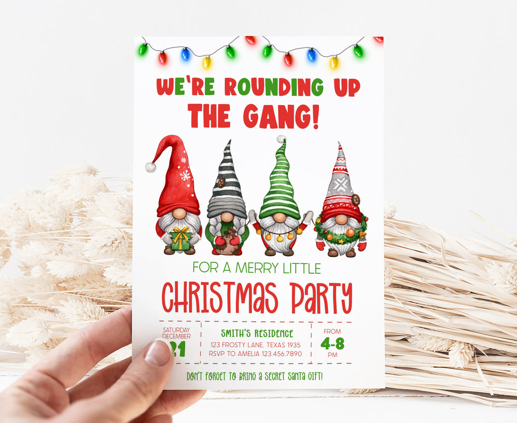 Printable Christmas party invitation with gnomes and string lights