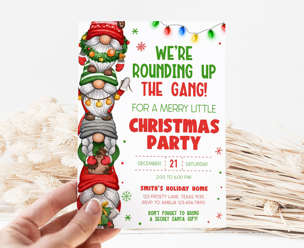 Editable holiday invite featuring cute Scandinavian gnome design