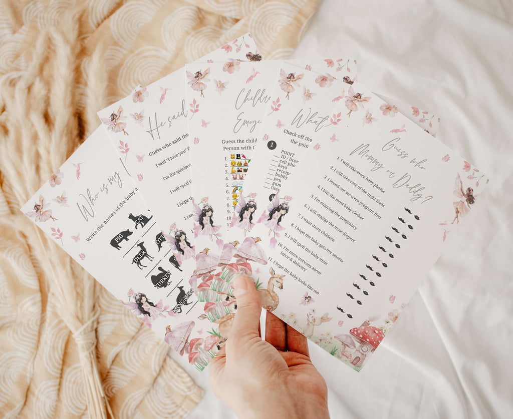 Spring fairy baby shower games bundle with woodland forest and butterfly theme